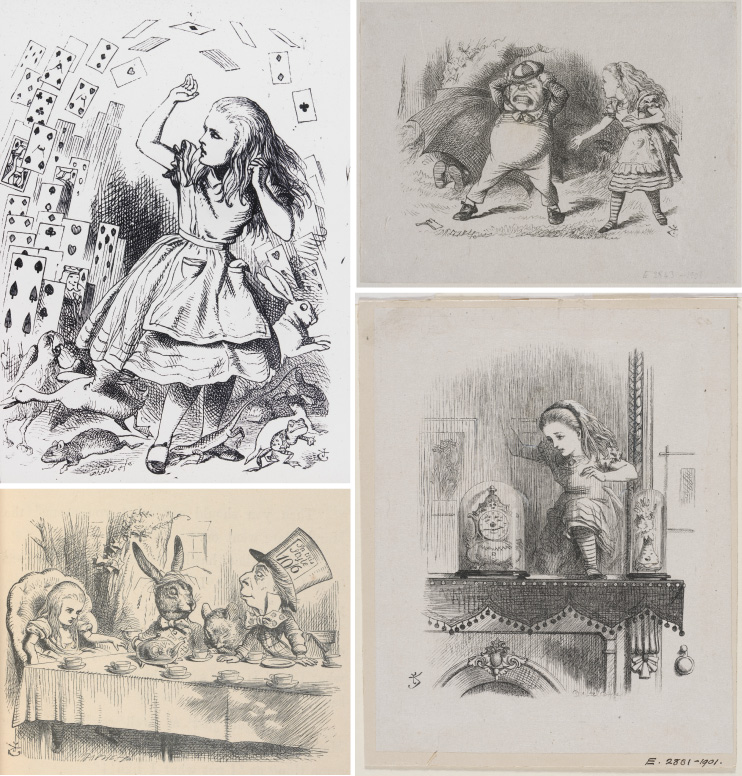 （左上）トランプに襲われるアリス、『不思議の国のアリス』より、ジョン・テニエル画（左下）マッド・ハッターのお茶会でのアリス、『不思議の国のアリス』初刊行版本より（右上）アリスとトウィードルダム、『鏡の国のアリス』より、ジョン・テニエル画鏡の国のアリス、ジョン・テニエル画