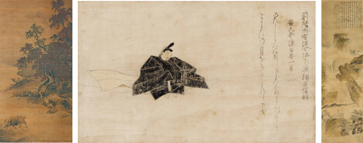 (左)伝 閻次平《秋野牧牛図》南宋時代13世紀 国宝 (中央)《佐竹本三十六歌仙絵切 源信明》鎌倉時代13世紀 重要文化財 (右)石濤《㢚山観瀑図》清時代17~18世紀 重要文化財