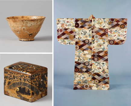 (左上)《小井戸茶碗 銘 六地蔵》 朝鮮時代 16世紀 (左下)《蜻蛉枝垂桜蒔絵香箱》 桃山~江戸時代 16~17世紀 (右)《白紫地海松貝四菱唐花丸模様厚板》 江戸時代 17世紀