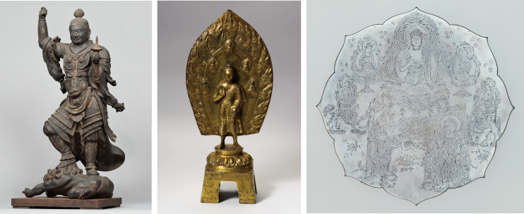 (左)《弥勒仏立像》北魏時代・太和22年(498) 重要文化財 *東京館初出展 (中央)《線刻仏諸尊鏡像》平安時代 12世紀 国宝
(右)《毘沙門天立像》 鎌倉時代 13世紀 *東京館初出展