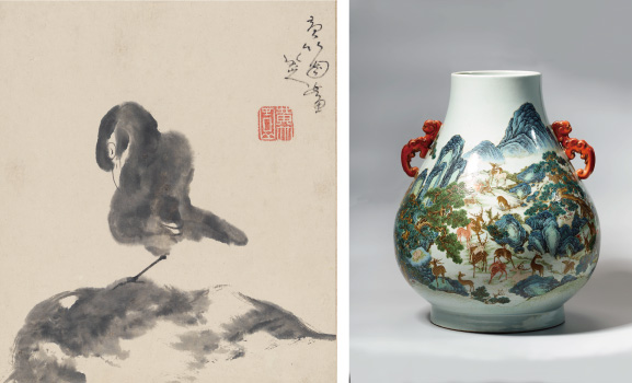 (左)八大山人《安晩帖》清時代・康煕33年 (1694) 重要文化財 *頁替えあり (右)《粉彩百鹿図牛頭尊》清時代 18世紀