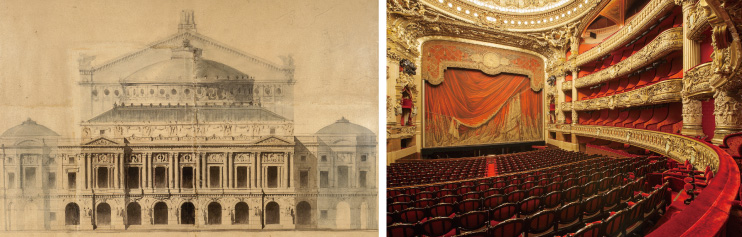 シャルル・ガルニエ《パリ・オペラ座（ガルニエ宮）のファサード立面図、1861 年 8 月》1861 年、フランス国立図書館_パリ・オペラ座ガルニエ宮内観