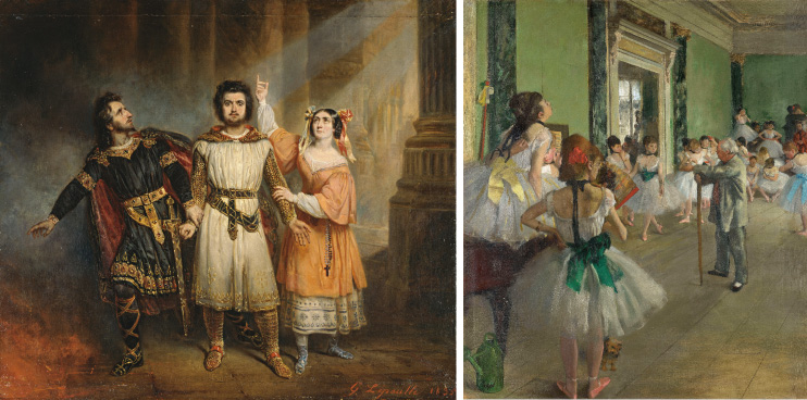 フランソワ=ガブリエル・レポール《悪魔のロベール、第5幕 第3場の三重唱》1835 年、フランス国立図書館_エドガー・ドガ《バレエの授業》1873-76 年、オルセー美術館