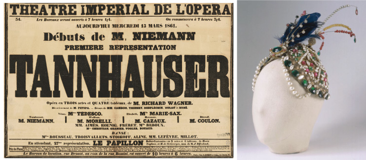 《『タンホイザー』初演のポスター》1861 年、フランス国立図書館_レオン・サモイロヴィッチ・バクスト《『シェエラザード』でのイダ・ルビンシュタインの髪飾り》1910 年頃フランス国立図書館 